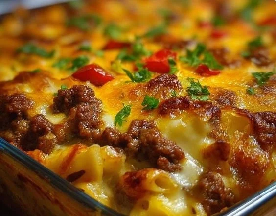 Delicious Hamburger Supreme Casserole topped with melted cheese and fresh herbs