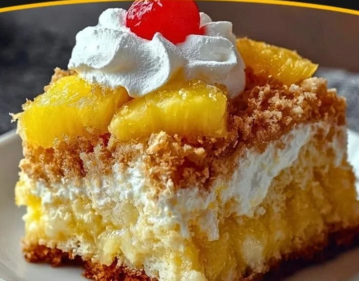 Hawaiian Pineapple Cake Delight topped with coconut and fresh pineapple slices