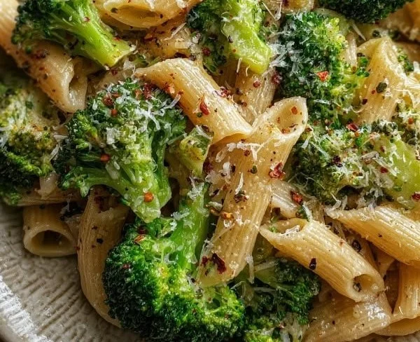 Bowl of healthy broccoli pasta sprinkled with parmesan cheese