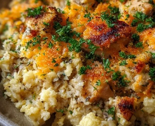 Healthy chicken cauliflower rice casserole served in a baking dish