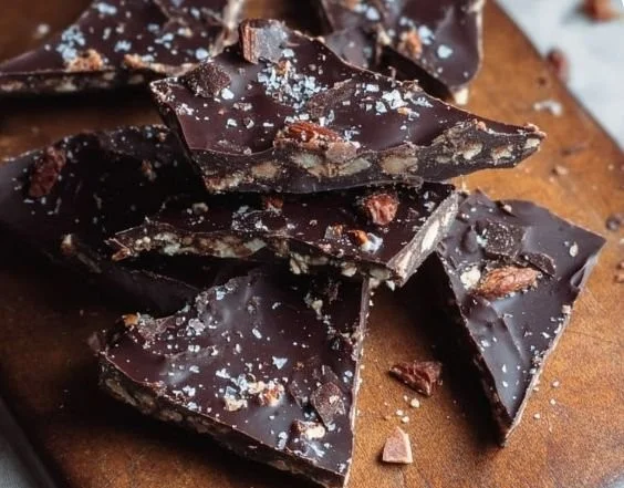 Healthy dark chocolate date bark with nuts and dates on a marble surface