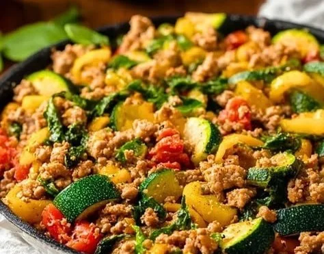 Healthy Ground Turkey Skillet with colorful vegetables and spices