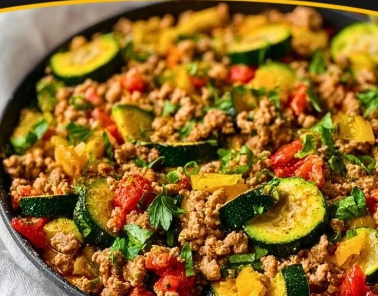 Healthy ground turkey skillet loaded with fresh vegetables for a nutritious meal