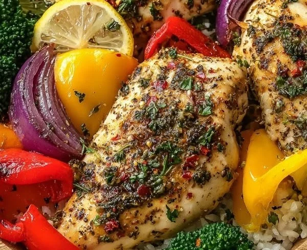 Healthy lemon garlic chicken meal prep bowl with vegetables and grains