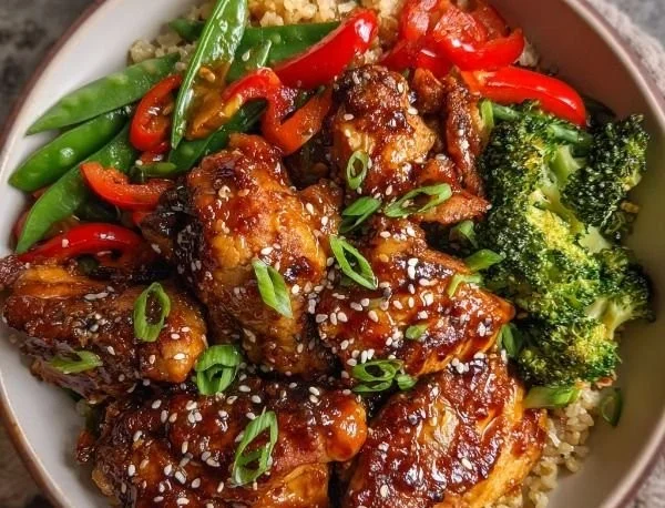 Delicious Healthy Sticky Chicken Bowls garnished with colorful vegetables