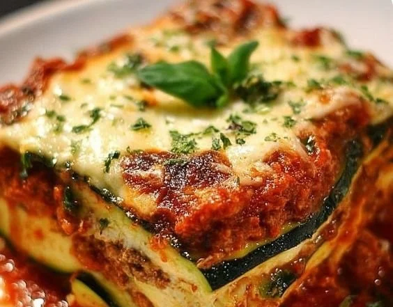 Plate of hearty zucchini lasagna with fresh herbs and melted cheese