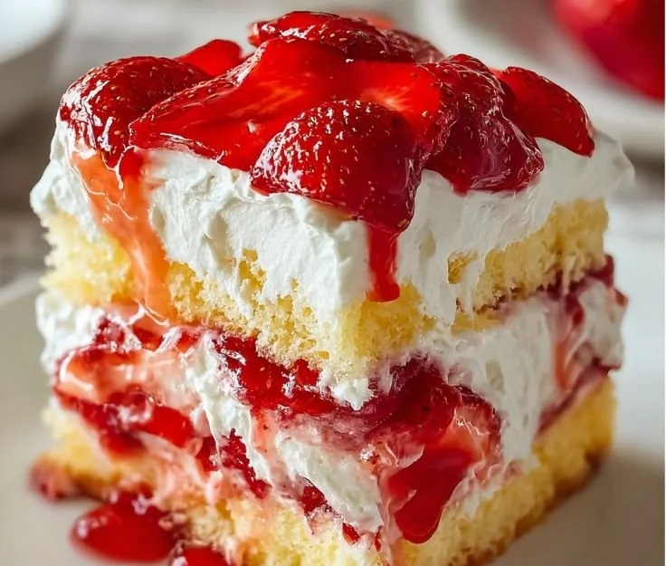 Decadent slice of Heaven on Earth Cake with layers of cream and fruit