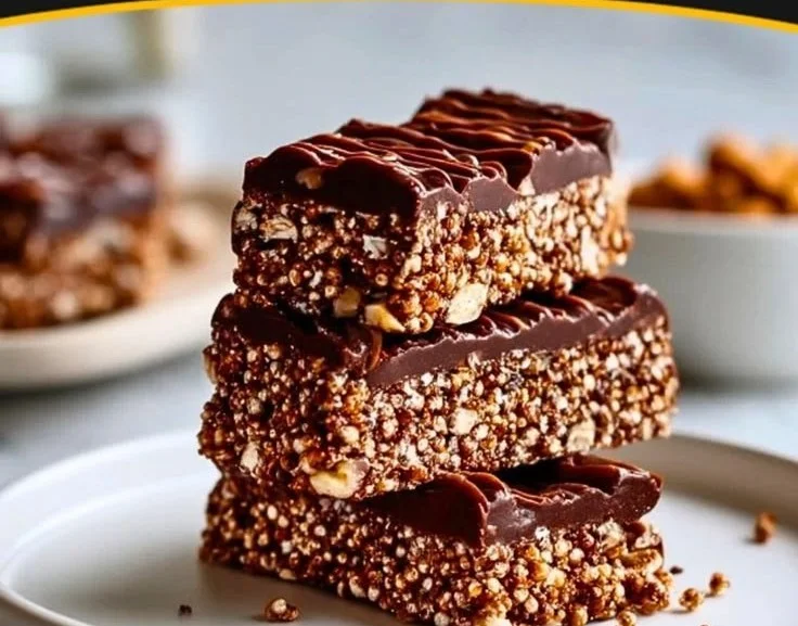 High Protein Chocolate Quinoa Crunch Bars ready to enjoy as a healthy snack.