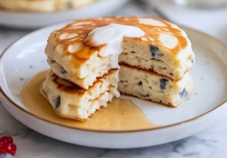 High Protein Cottage Cheese Pancakes served with fresh fruit