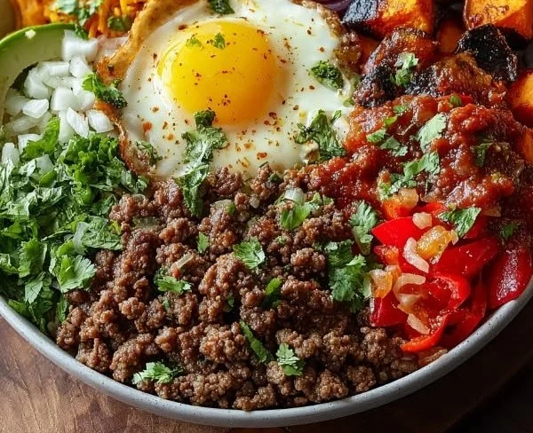 High protein ground beef power bowl with fresh vegetables and grains
