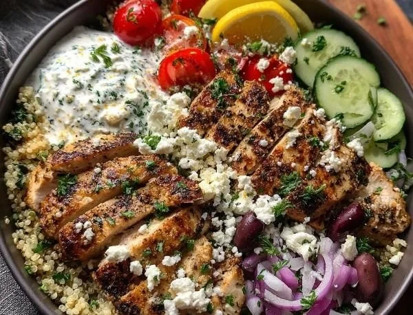 High-protein Mediterranean chicken bowls with fresh vegetables and grains