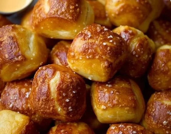 Fresh homemade soft pretzel bites on a wooden serving board.