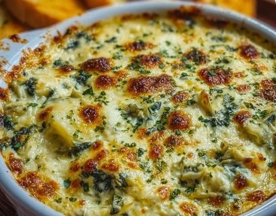 Creamy homemade spinach artichoke dip served in a bowl with bread
