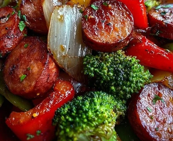 Honey Garlic Kielbasa with vibrant veggies in a delicious glaze.