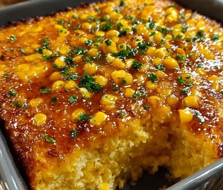 Honey-glazed corn casserole with ingredients in a baking dish