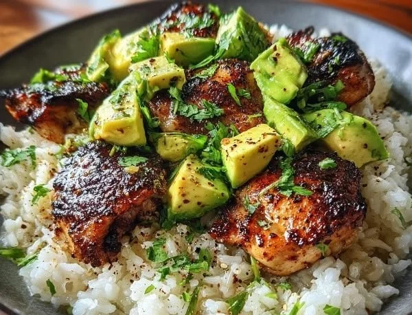 Honey Lime Chicken served with creamy avocado rice on a plate
