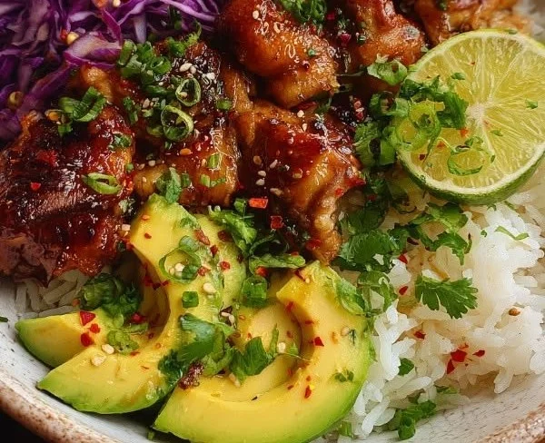 Hot Honey Chicken Bowl with tender honey chicken and fresh ingredients