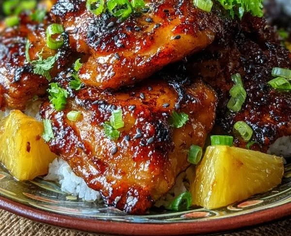 Grilled Huli Huli Chicken served on a plate with tropical garnishes