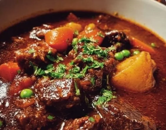 Rich and hearty Ina Garten beef stew served in a bowl with vegetables.