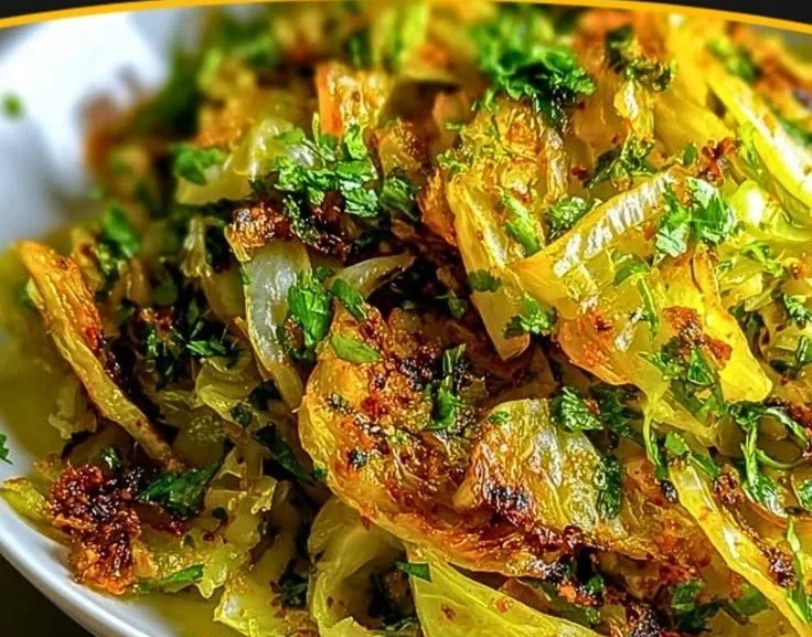 A plate of flavorful Indian roasted cabbage garnished with spices and herbs.