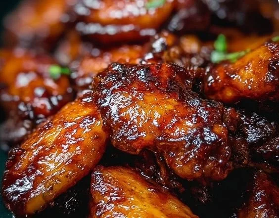 Plate of delicious honey BBQ wings glazed with sweet sauce