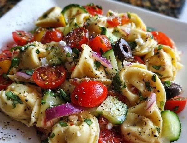 Italian Tortellini Pasta Salad with fresh vegetables and dressing