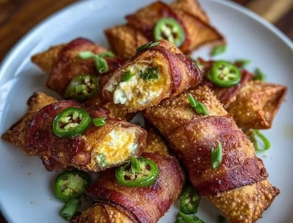 Jalapeño Popper Eggrolls wrapped in bacon, crispy and spicy appetizer
