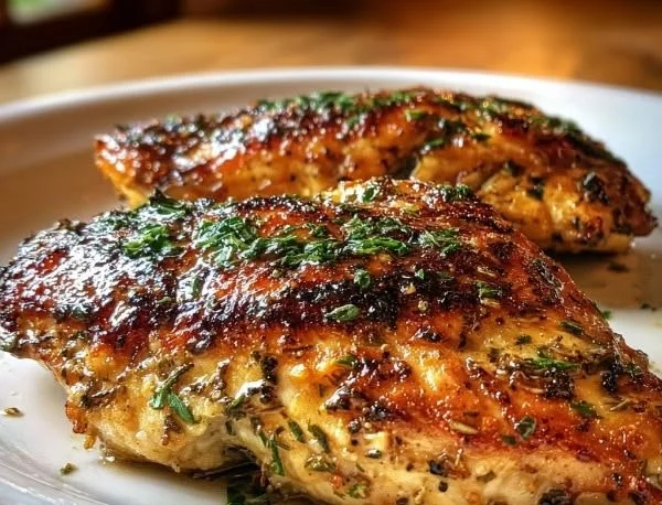 Juicy baked chicken breast served on a plate with herbs and spices