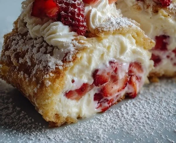 Juicy creamy baked strawberry cheesecake rolls on a white plate garnished with strawberries