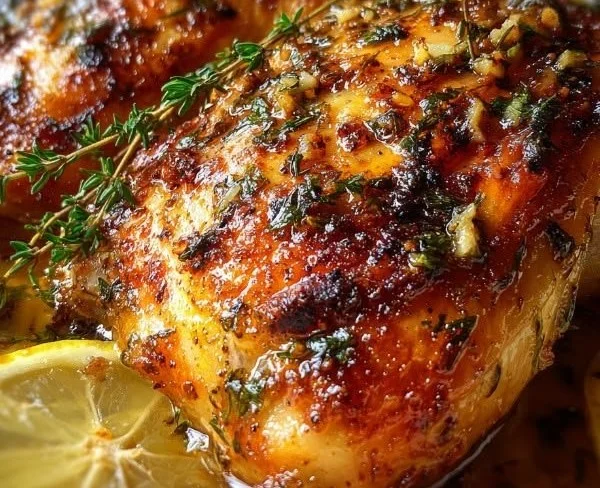 Juicy oven-roasted French Garlic Chicken garnished with herbs
