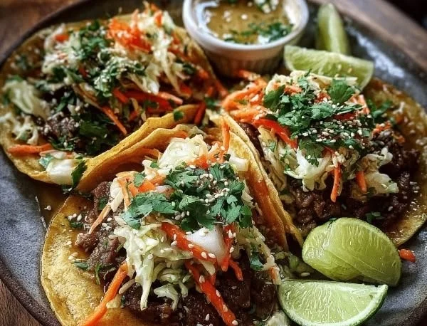 Korean Beef Tacos with tangy gochujang slaw served on a plate