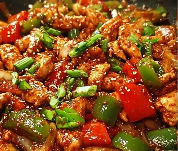 Korean spicy chicken stir-fry with vegetables in a bowl