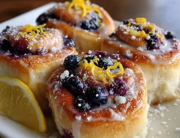 Freshly baked lemon blueberry rolls with a fluffy texture and vibrant colors