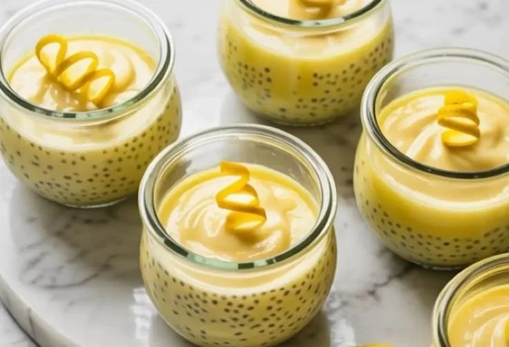 Delicious lemon chia pudding served in a glass topped with fresh lemon slices and chia seeds.