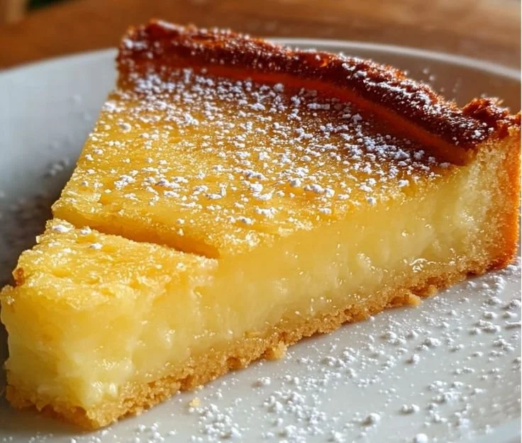 Delicious lemon custard cake topped with fresh lemon slices and whipped cream.