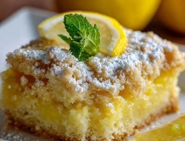 Delicious Lemon Dump Cake served on a plate with fresh lemon slices