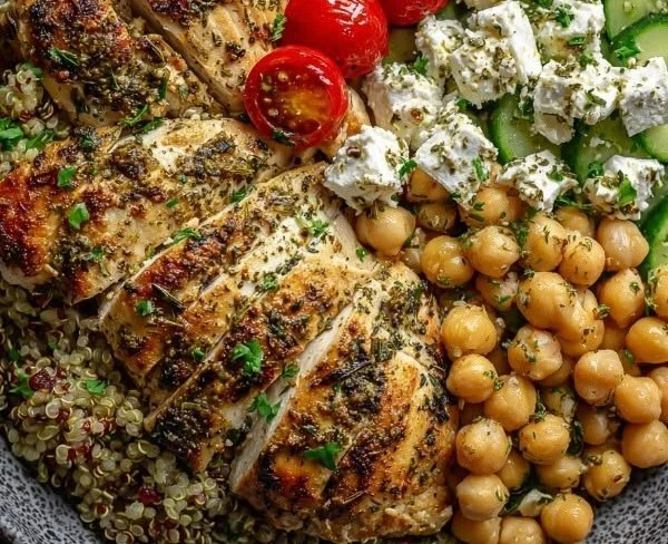 Lemon Herb Chicken Bowl with Chickpeas and Feta on a plate