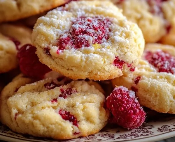 Freshly baked lemon raspberry cookies on a wooden table