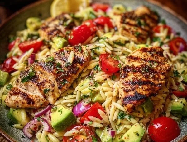 Light grilled chicken orzo salad with avocado on a plate