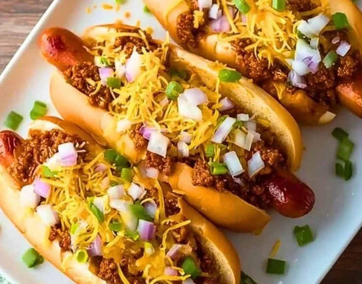 Loaded Crockpot Chili Cheese Dogs topped with cheese and chili