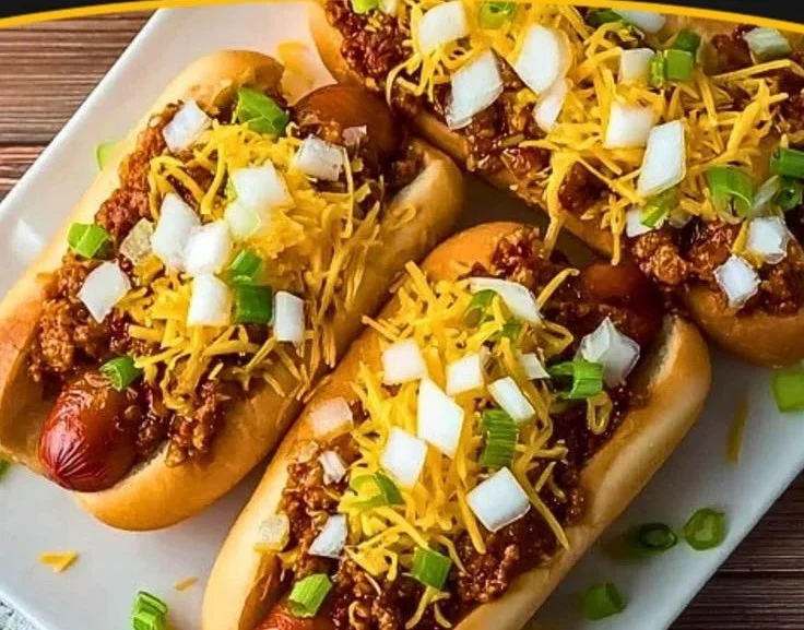 Delicious Loaded Crockpot Chili Cheese Dogs served with cheese and toppings.