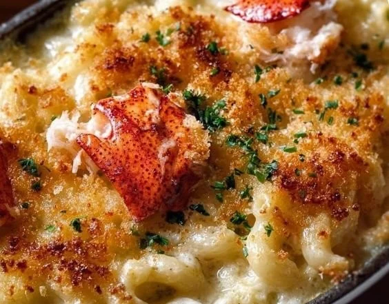 Delicious Lobster Mac and Cheese topped with breadcrumbs and herbs