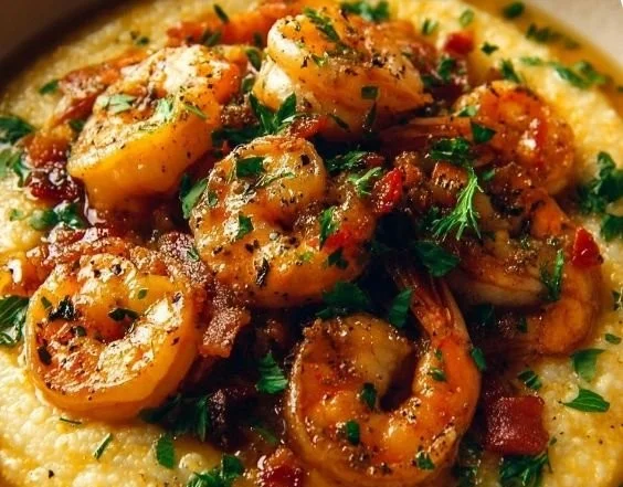 Delicious Lowcountry shrimp and grits served in a bowl with herbs and spices.