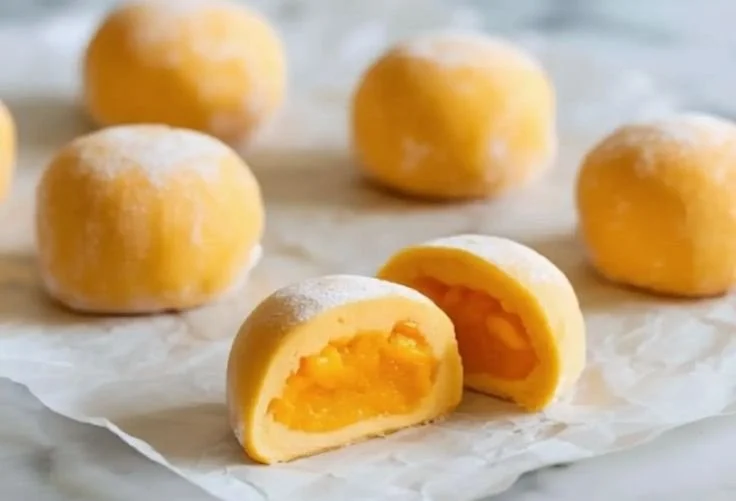 Delicious Mango Mochi dessert featuring a soft rice cake filled with mango flavor.