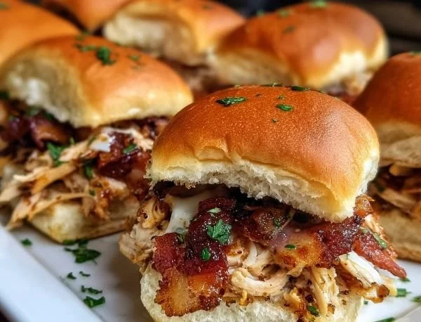 Delicious Maple Chicken Bacon Sliders with crispy bacon and maple drizzle