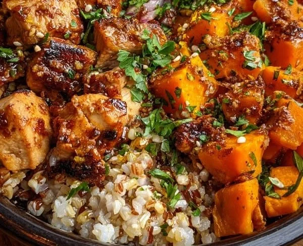 Maple Dijon Chicken served in sweet potato bowls, featuring vibrant ingredients.