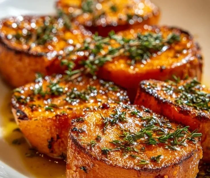 Maple-Miso glazed sweet potatoes served on a plate