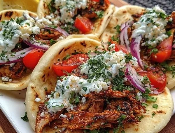 Delicious Mediterranean chicken gyros served with creamy feta tzatziki sauce