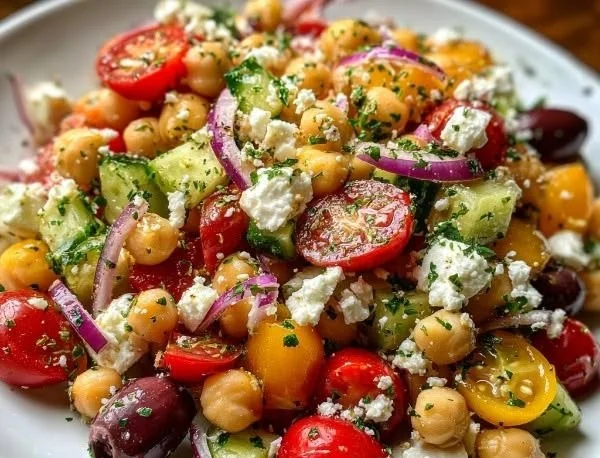 Mediterranean Chickpea Feta Salad with fresh vegetables and feta cheese