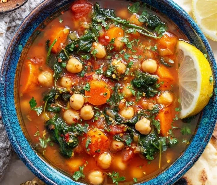 Bowl of Mediterranean Chickpea Soup garnished with herbs and spices